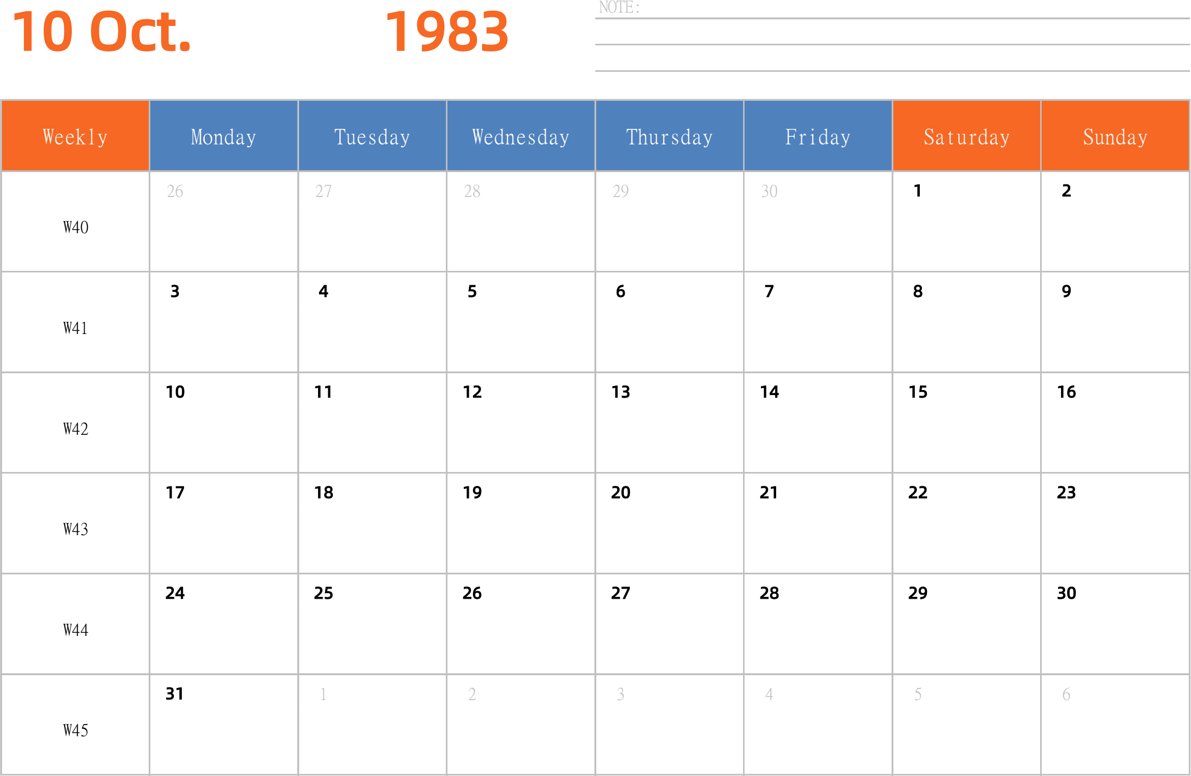 日历表1983年日历 英文版 横向排版 周一开始 带周数